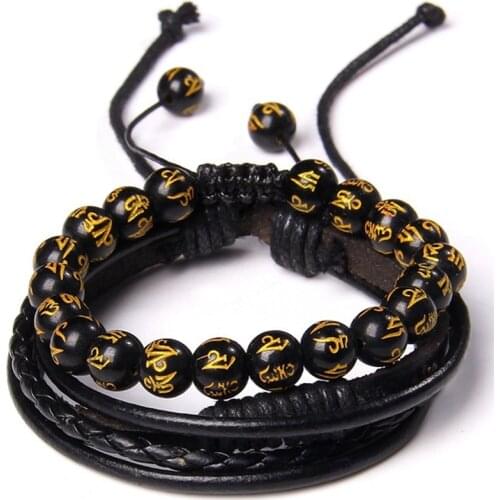 Vintage Men Braided Bracelet Buddha 2pcs/set Natural Stone Leather Male Cool Punk Ethnic Tribal Wristbands Energy Lava Bangles