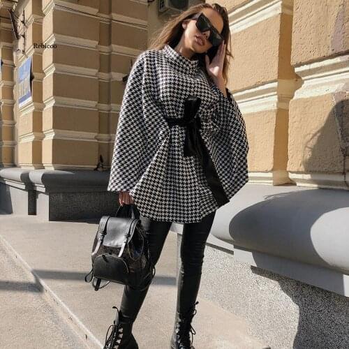 Womens Houndstooth Cape Coats Chic Turtleneck Tie Up Asymmetric Shawl Poncho Pullovers Outfits New Autumn Winter Coats