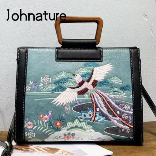Johnature Chinese Style Embroidery Big Bag 2021 New Retro Large Capacity Luxury Handbags Women Bags Designer Shoulder Bags