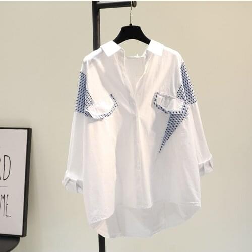 Striped White And Black Women Shirts Summer New Turn-Down Collar Loose Casual All Match Female Outwear Coats Tops