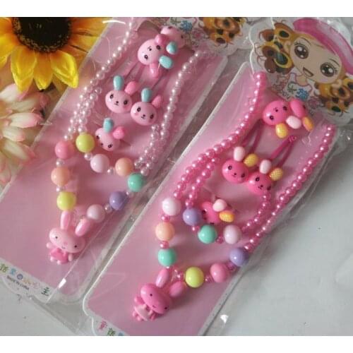 Kids gift set girl pearl beads cartoon pendants necklace bracelet ring hair clip hairband Set XMAS Party bag filler prize pink