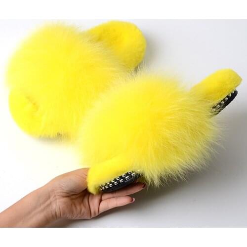 Female Winter Fluffy Fur Slippers Womens Warm Shoes Raccoon Fur Slides Real Fox Fur Flip-Flops Ladies Indoor Home Shoes