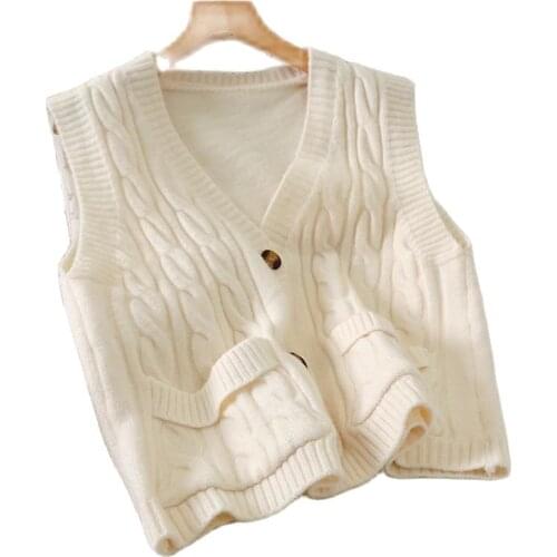 2021 spring new product twist double pocket cardigan short sweater women autumn and winter sleeveless vest knit P3 1074