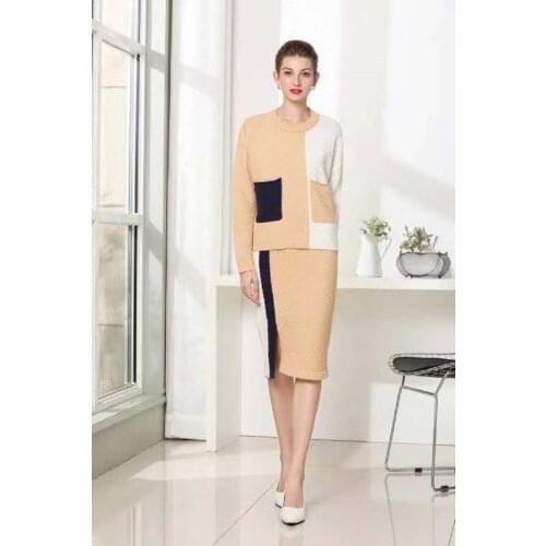 High Quality Sweater Suits 2020 Autumn Winter Knitted Set Women Color Block Knitting Pullover Tops+Knee-Length Warm Skirt Sets