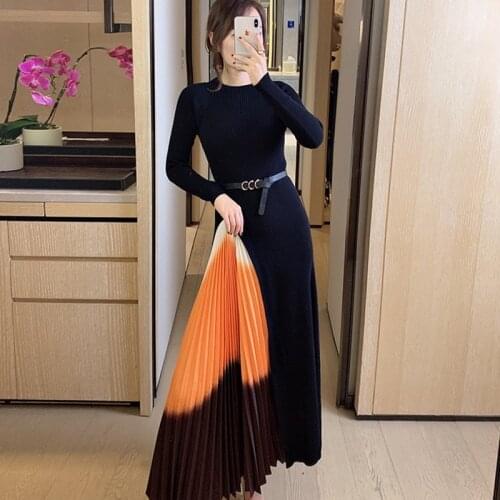 ZAWFL 2020 Autumn Office Gradient Bold Color Pleated Sweater Dress Women Elegant Knitted Dresses Winter A Line Party Vestidos