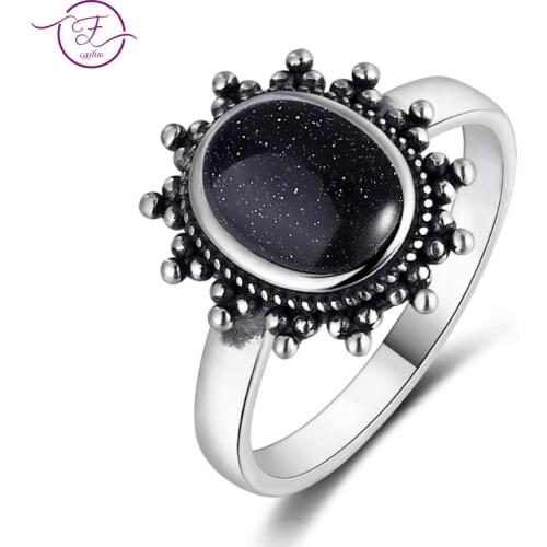 100% Sterling Silver Ring New Classic Blue Sandstone Gemstone Goose Stone Ring 7x9 Europe Retro Thai Silver Exaggerated