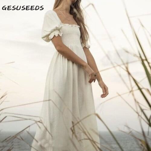 Summer dress women vintage short sleeve dresses white long dress korean square neck dresses split cotton dress retro vestidos