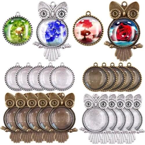 48Pcs Pendant Trays Kit 12Pcs Owl Pendant Trays 12Pcs Tree Bezel Pendant Trays 24Pcs Glass Cabochon Dome for Jewelry Making Gift