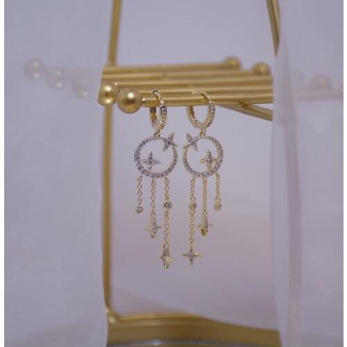 14k Real Gold Fashion Jewelry Crystal Star Long Tassel Exquisite Shiny Earrings for Woman Holiday Party Elegant Earring