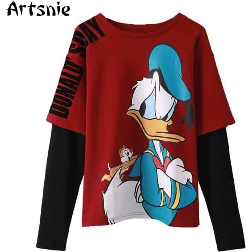 Artsnie Disney Donald Duck Oversized Sweatshirt Women Spring 2021 O Neck Long Sleeve Hoodies Streetwear Knitted Red Sweatshirts