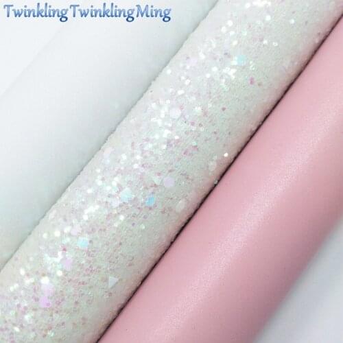 WHITE Glitter Fabric, PINK Faux Leather Fabric, Synthetic Leather Sheets For Bow A4 8"x11" Twinkling Ming XM275