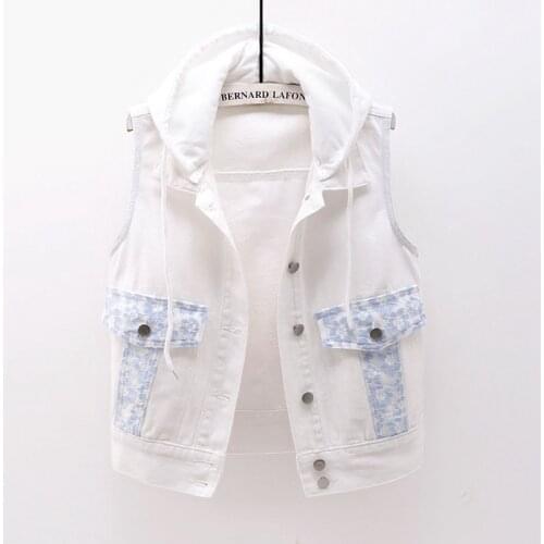 White Women Vest Jacket 2020 Fashion Summer Sleeveless Detachable Hooded Outerwear Short Female Casual Jeans Jacket Waistcoats