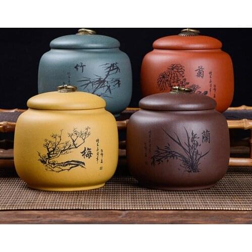 Household Ceramic Tea Caddy with Lid Purple Clay Sealed Jar Retro Storage Box Living Room Coffee Table Decoration Accessories