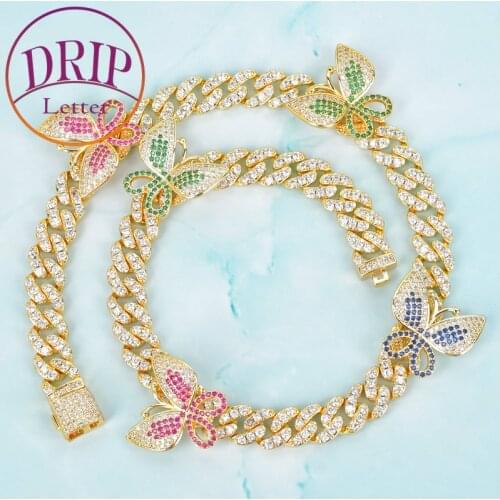 10mm Miami Cuban Link With Colorful Zircon Butterfly For Women Necklace Jewelry Hip Hop AAAA Charm