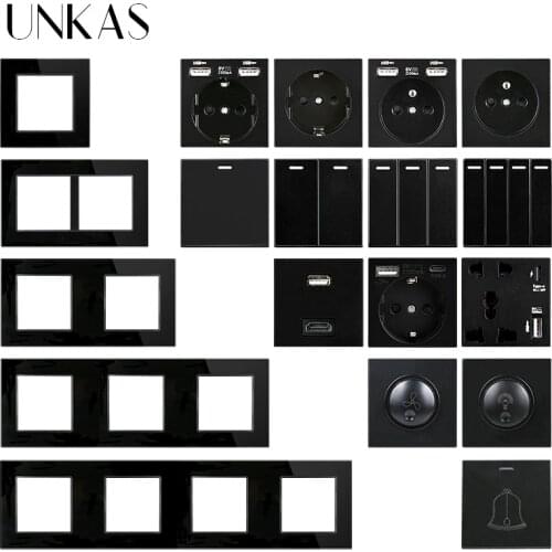 UNKAS Black Glass Panel DIY Free Combination Type C French EU Socket Dual USB 1 2 3 4 Gang 1/2 Way On / Off Push Button Switch