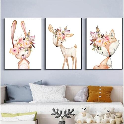 Flower Rabbit Canvas Painting Woodland Animals Poster Nordic Fox Deer Picture Baby Room Wall Art Canvas Pictures Nursery Prints
