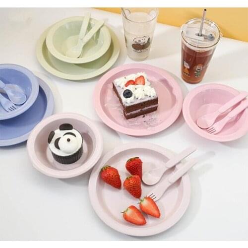 Bamboo Fiber Children Kid Tableware Bowl Plate Spoon Fork Macarons Salad Plate Dessert Bowl Party Supplies