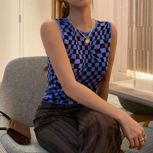 Womens Knitted Tank Tops Trendy Irregular Checkerboard Print Sleeveless Crew Neck Stretchy T-Shirts