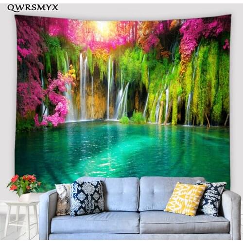 Aesthetic Red Flower Green Forest Waterfall Scenery Tapestry Landscape Wall Hanging Home Living Room Bedroom Decor Tapestries
