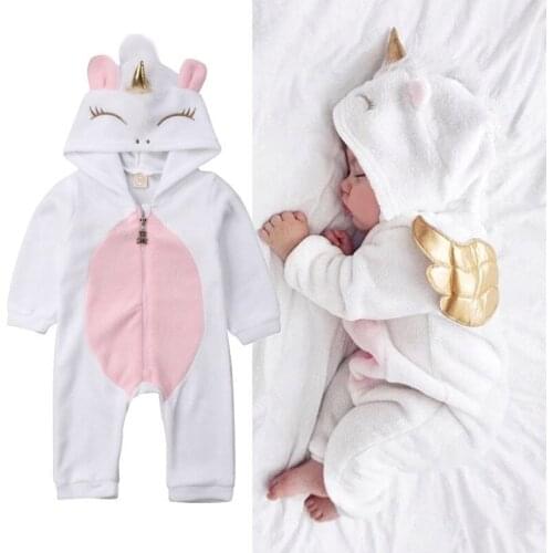 3D Unicorn Newborn Baby Girl Flannel Romper Jumpsuit Toddler Kids Hooded Rompers Winter Warm Overalls Outfit Clothes Playsuit