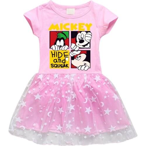 Disney Minne Mickey Mouse Girl Dress Princess Summer Short Sleeve Dress Cute Children Party Birthday Lace Dress
