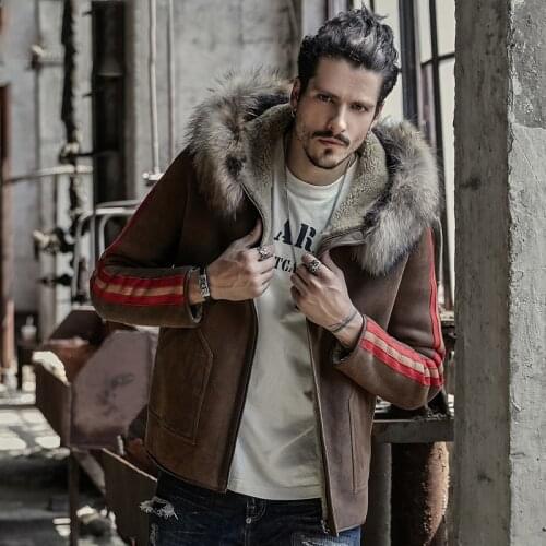 Raccoon Fur Collar Hooded Mens Shearling b3 Sheepskin Coat Short Coat With Fur Jacket Handsome Motorcycle Jacket