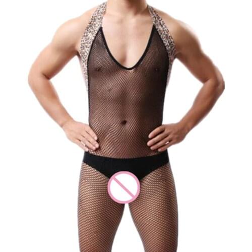 Men Underwear Fishnet Stockings Mens Pantyhose Leopard Prints High-elastic Socks Mens Front Body Stocking Lingerie Bodysuit