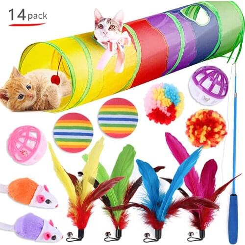 Pet Toys Set of 14 Cat Tunnel Fishing Rod Funny Cats Stick , Mice Variety Combinations Supplies Value Bundle