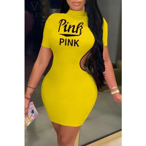 VAZN New 2021 Punk Style Letter High Neck Beach Mini Sexy Regular Short Sleeve Dress Women Elegant Fashion Dress Slim Dress