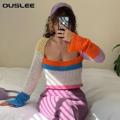 OUSLEE Cute Knitted Long Sleeve Crop Top Women Beach Y2K Autumn Summer Patchwork Vintage Green Casual Sexy T-Shirts