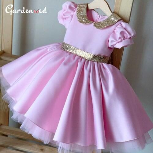 Simple Pink First Communion Dress Glitter Sequin Bow Girl Birthday Dress Christmas Party Dress vestido de festa de casamento
