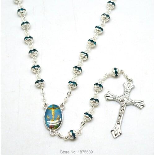 Religious Necklace Woman Jesus On The Cross Special Rosary Centers Silver Blue Bead