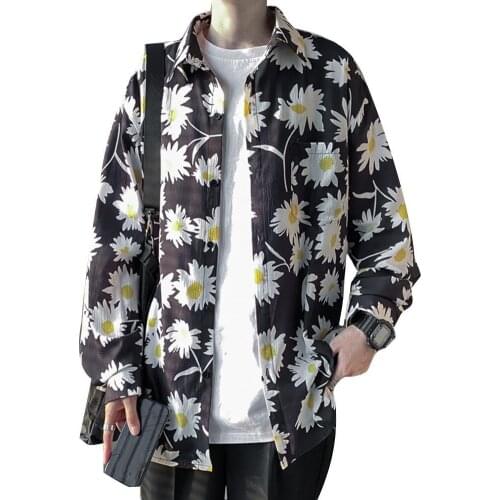 Fashion Men Shirts Marguerite Long Sleeve Turndown Collar Button up Blouse Shirt Loose Top 2021 рубашка