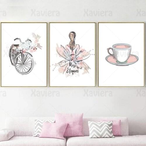 Hand Painted Decorative Pictures Modern Pink Girl Bike Flower Coffee Cup Canvas Painting Wall Art Home Decor For Living Room