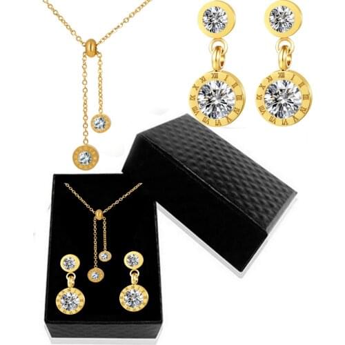 316L Stainless Steel Double Zircon Roman Numeral Elements Super Flash Crystal Stud Earrings Necklace Set Gift Box