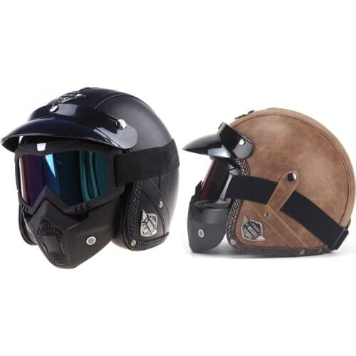 PU Leather Helmets 3/4 Motorcycle Bike Helmet Open Face Vintage Motorcycle Helmet With Goggle Mask