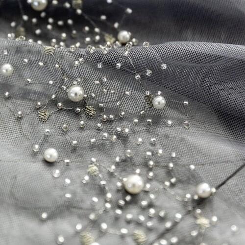Nordic Luxury Pearl Embroidery Sheer Curtain Shining Beads Grey Tulle Curtain For Romantic Wedding Room Custom French Voile #4