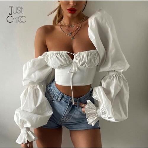 Justchicc Lace Up Lantern Sleeve White Top For Women 2021 Summer Pleated Square Collar Short Tops Backless Zipper Solid T-shirt