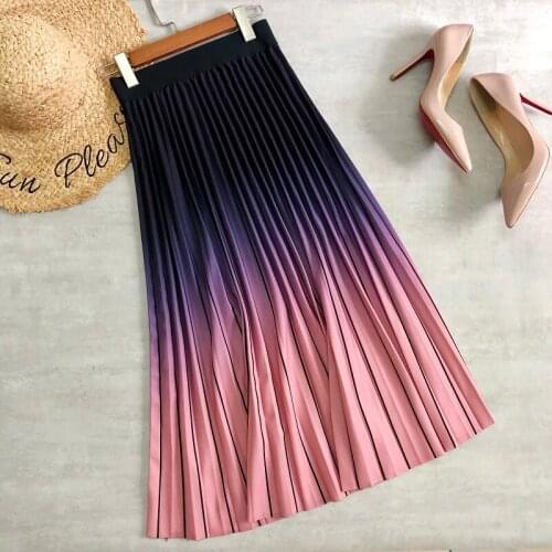 A-line Girls Daily Outwear Women Midi Skirts Gradient Color Striped Printing Pink Long Skirt High Waist Korean Casual Style