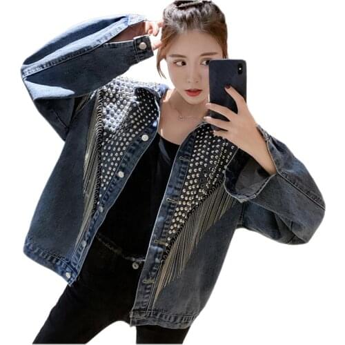 2020 Spring Autumn New Tassel Heavy Industry Diamond Rivet Denim Jacket Long Sleeve Loose Short Coat Jean Outerwear Women KW222