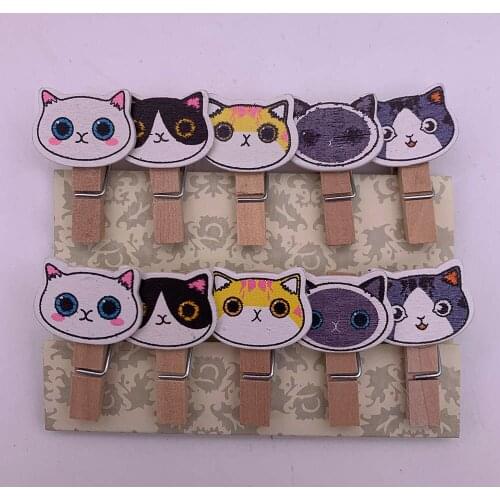 10pcs/lot Cartoon Cat Clips Mini Wooden Clips Bookmark With 2M Hemp Rope Photo Paper Craft DIY Clip For Home Decorate