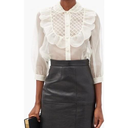 2021 Autumn Organza Ruffled Shirt Elegant Top Sexy Perspective Lapel Sweet Brand Design Luxury Blouse Clothes New Runway Women