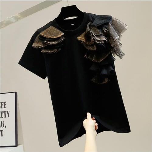 Fashion New Design Three Dimensional Wave Dot Mesh Patchwork O Neck Short Sleeve T-shirt Womens All Match Tops