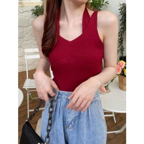 Women Halter Solid Sexy Slim Tank Tops Sleeveless Knitted Vest Casual Summer Camisole
