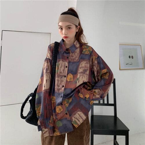 Womens retro long-sleeved shirt loose Korean Harajuku flower shirt jacket