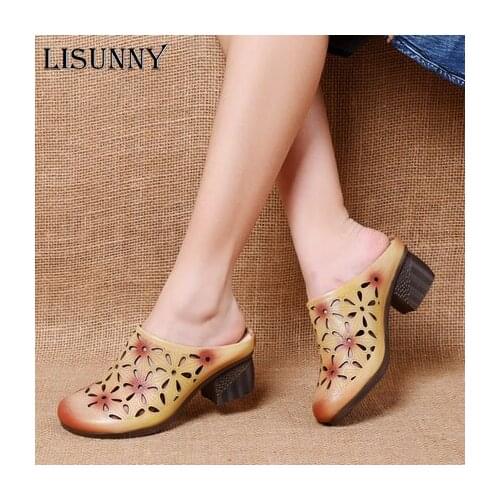 LISUNNY 2021 New Summer Sandals Handmade Genuine Leather Women Slippers Retro Shoes Flower Flat Summer Sandals