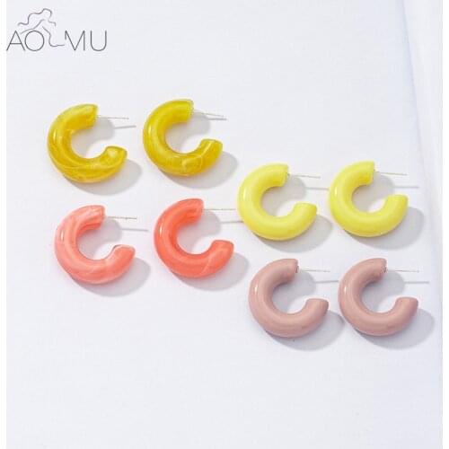 AOMU 2021 New Summer Trendy Colorful Candy Color Acrylic Simple C-shaped Resin Hoop Earrings for Women Fashion Jewelry Gifts