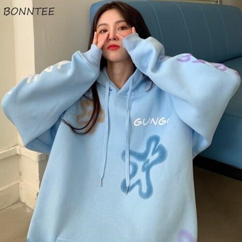 Hoodies Women Loose All-match Stylish Print Thicker Plus Velvet Warm Winter Korean Style Student Sweatshirts Streetwear Popular