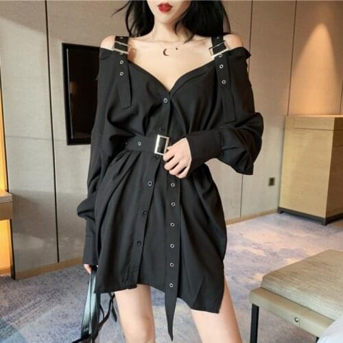2021 New Vintage Shirts Strapless Women Blouse Black Tops With Belt Casual Long Shirts Off The Shoulder Sexy Tops