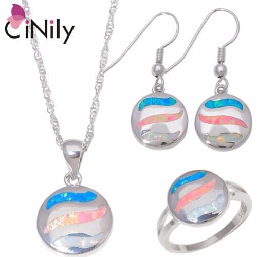 CiNily Created Multi-colors Fire Opal Silver Plated Wholesale for Women Jewelry Ring Pendant Stud Earrings Jewelry Set OT172